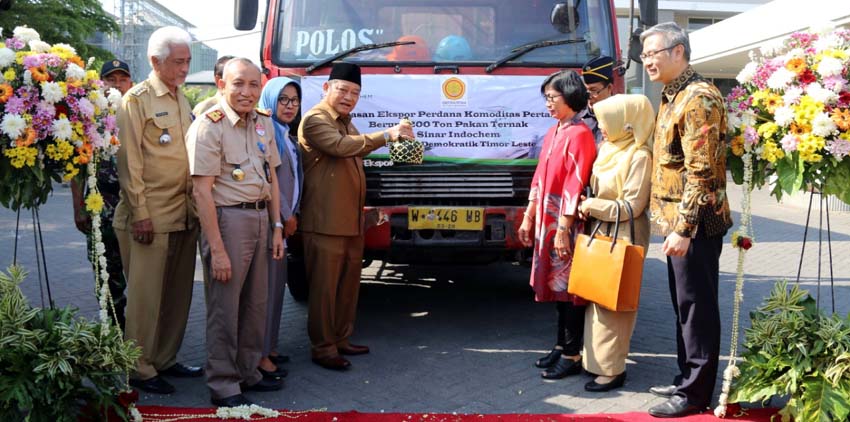 EKSPOR - Bupati Sidoarjo, Saiful Ilah memberangkatkan ekspor 200 ton pakan ternak ayam petelor PT Sinar Indochem ke Republik Demokratik Timor Leste, Senin (30/9/2019)