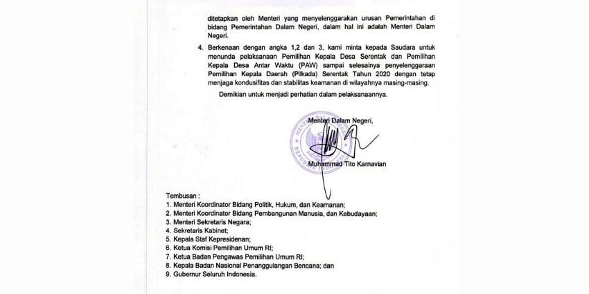 SURAT EDARAN - Surat Edaran (SE) Mendagri Nomor : 141/4528/SJ ditujukan kepada Bupati/Wali Kota se Indonesia yang isinya kepala daerah diminta fokus mensukseskan Pilkada 9 Desember mendatang karena masuk program strategis nasional tertanggal 10 Agustus 2020