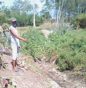 SALURAN : Ketua RW 05, Syaroni dan Ketua RT 10. Solikhin warga Dusun Bangunsari, Desa Tambak Kalisogo menunjukkan lokasi saluran yang masih berupa tanah. (gus).